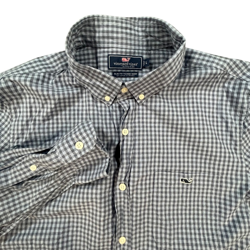 Vineyard Vines Button Down Shirt Mens L Blue Gray Gingham Check Slim Fit Tucker